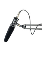 Studio microphone for podcasting or streaming on a boom arm with a white background
