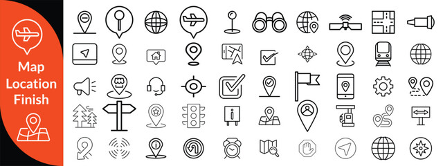 Maps, location and Navigation line editable icon set. Containing navigation, location, contains map with a pin, route map, navigator, direction and more. Vector illustration design
