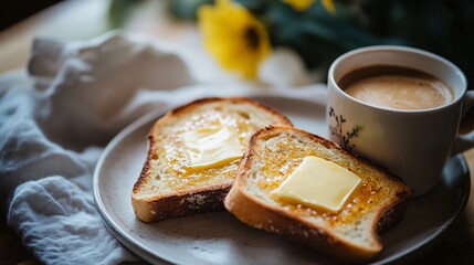 Slices of toasted bread spread with butter and Vegemite, placed on a breakfast table with a mug of coffee and soft morning lighting.