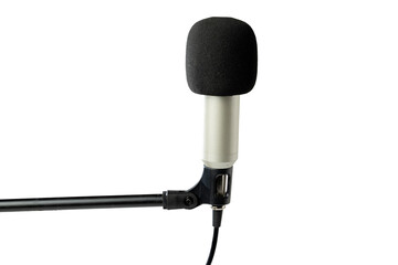 Studio microphone for podcasting or streaming on a boom arm with a white background
