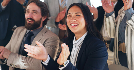 Business woman, applause and happy audience at legal conference, excited and announcement at...