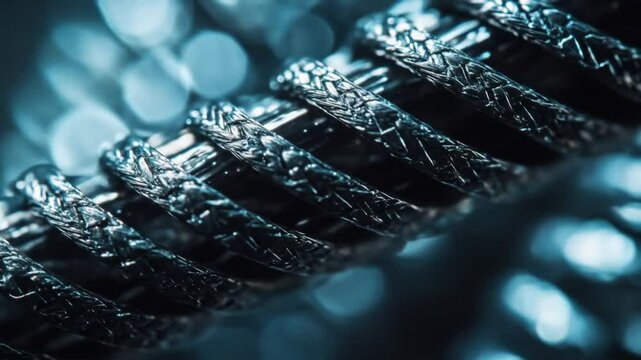 Metallic woven coil glistening in blue light
