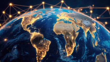 Earth illuminated by a network of lights representing global connections and technology in a digital landscape