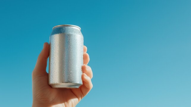 Hand holding a sleek aluminum can against a vibrant blue sky, embodying summer refreshment with energy drink or beer concept