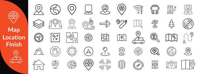 Maps, location and Navigation line editable icon set. Containing navigation, location, contains map with a pin, route map, navigator, direction and more. Vector illustration design