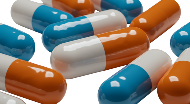 Isolated Studio Shot of Blue and Orange Medicine Capsules PNG