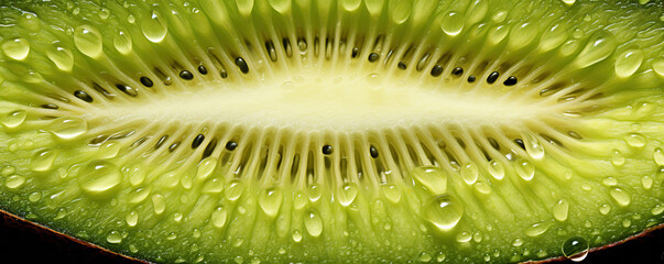Close-up view of freshly sliced kiwi showcasing its vibrant green color and water droplets