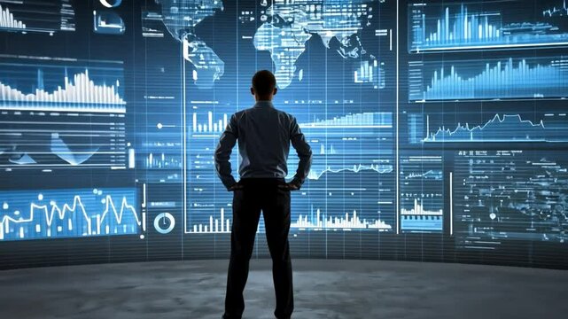 Mastering Data: A silhouette of a visionary figure stands confidently before an array of interactive digital displays.