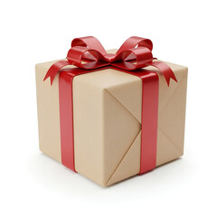 Obraz premium A neatly wrapped gift box with plain kraft paper and a vibrant red ribbon tied in a bow, isolated on white background