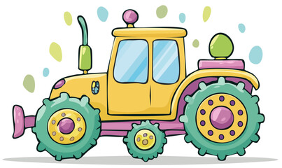 Cute Agricultural Tractor with Yellow Wheels and Grass
