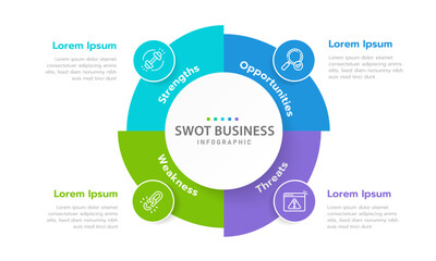 SWOT analysis diagram for business, 4 sides modern style with Strengths, Weakness, Opportunities, and Threats. presentation vector infographic.