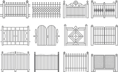 Collection of decorative iron gates and fences, vector designs for architecture, home exteriors, entrance safety, and ornamental structure visuals

 flat vector illustration