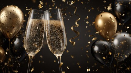 New Years Eve background with champagne glasses, confetti, and balloons, glamorous and elegant style.