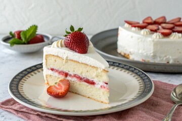 Delicious strawberry shortcake with fresh strawberries and whipped cream presents a tasty dessert option or delectable sweet treat.
