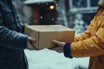 Close-up shot of a hand of a delivery man handing a package box to the receiver, Generative AI