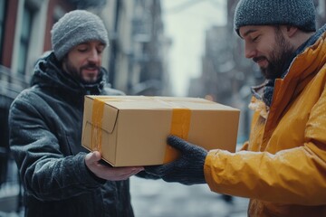Close-up shot of a hand of a delivery man handing a package box to the receiver, Generative AI