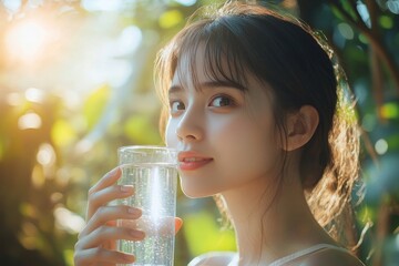 Clean freshwater concept, woman drinking mineral water in the morning for good health and hydration, Generative AI