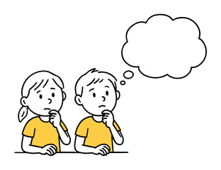 Boy And Girl Thinking with Empty Thought Bubble. Brainstorming, Imagination, Idea Concepts, Creativity. Hand-Drawn Doodle Style Vector Illustration