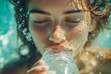 Clean freshwater concept, woman drinking mineral water in the morning for good health and hydration, Generative AI