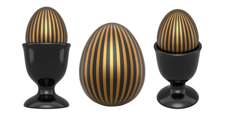 Elegant black eggs with gold patterns in glossy black egg cups, isolated on white transparent background. Concept of luxury, elegance, and opulence