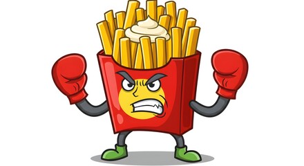Angry fries character in boxing gloves