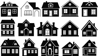 Black house icon set, modern suburban residential buildings, home vector illustration, real estate property symbols, architectural silhouettes collection flat vector illustration
