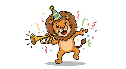 Lion playing trumpet in festive celebration