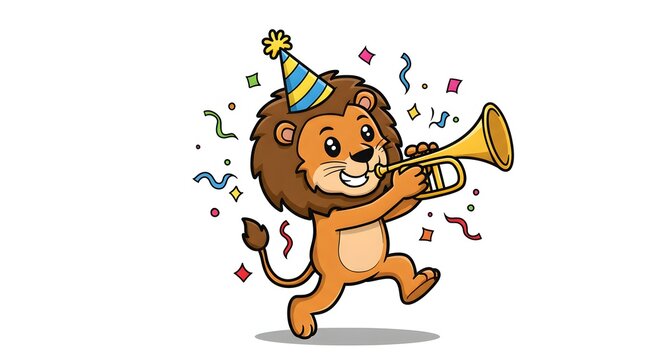 Party lion with trumpet and streamers - Powered by Adobe