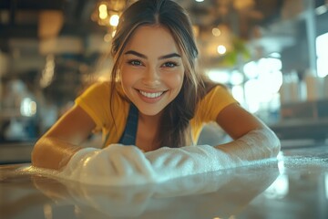 Happy female housekeeper service worker wiping the table surface with a cleaner product to clean dust, Generative AI