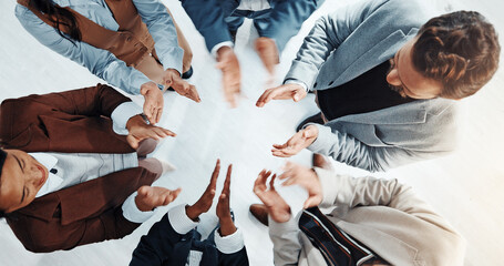 Above, applause and business people in office, cheering and team building with achievement. Group,...