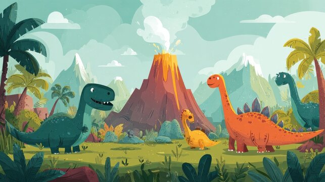 Prehistoric landscape. Cartoon dinosaur nature walk, jurassic cute monsters. Baby dino animals in jungle and active volcano decent vector scene, no logos, no brands