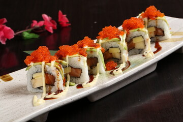 food, japanese cuisine, delicious, salmon avocado cheese roll