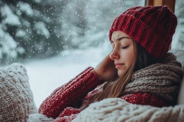 Sick at home concept. Woman sneezing on the sofa during the winter season, Generative AI