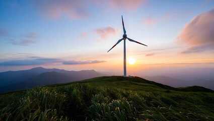 Obraz premium wind turbine on a green hill at sunset.