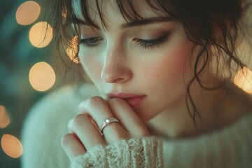 Woman holding a wedding ring and feeling sad, reflecting on an emotional moment, Generative AI