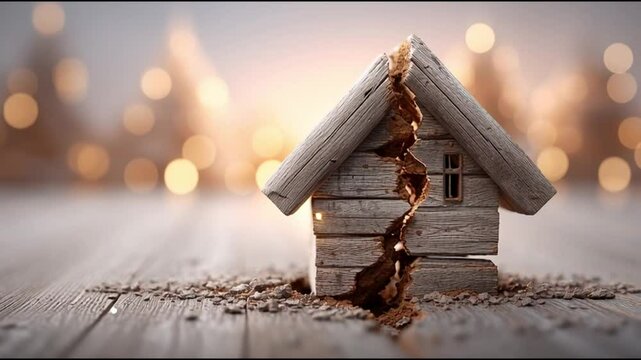 Wooden house broken with crack and split on wooden floor showing divorce papers legal separation concept symbolizing home breakup and fragile relationship during difficult times