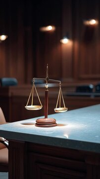 Legal scale on wooden table in courtroom symbolizes divorce papers and separation concept for justice and law with balance and empty chair for legal proceedings in warm atmosphere