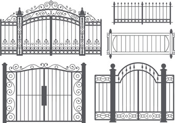Elegant wrought iron gate collection, vintage metal fence illustrations, decorative entrance designs, classic vector artwork for garden and architecture use flat vector illustration