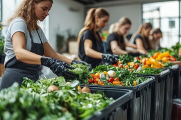 Food waste environmental concept, people throwing food waste into a bin, preparing it to decompose for composting, Generative AI