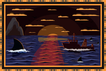Stylized nautical rug with ship, shark fins, and sunset. Marine border with anchors and fish. Great for textiles, carpets, and ocean-themed decor. EPS10 vector included.