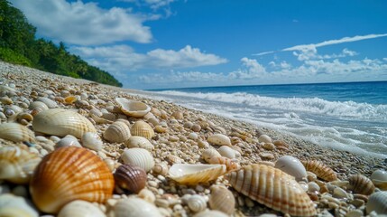 Seashells on a tropical beach with turquoise water and blue sky.