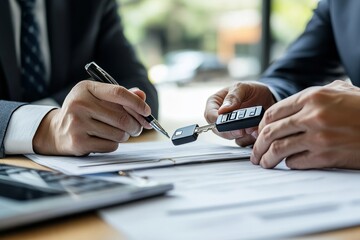 Car rental service concept, close-up view of rental agent handing over a car key to a customer after finalizing the rental agreement, Generative AI