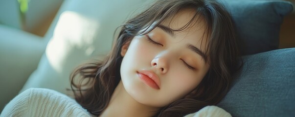 Well-being peaceful mind lifestyles concept, close-up hand of a young Asian woman focusing on breath for mindfulness while relaxing on the sofa, Generative AI