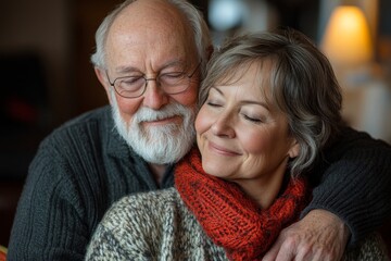 Happiness in a mature couple, with the wife giving her husband a shoulder massage in the living room, displaying affection and care, Generative AI
