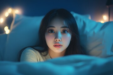 Close-up alarm clock with a young Asian woman  in bed, experiencing insomnia, Generative AI