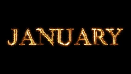 January burning word, fire text. fire text effect black background. animated text effect with high visual impact. July Month Electric Fire lighting text animation on black