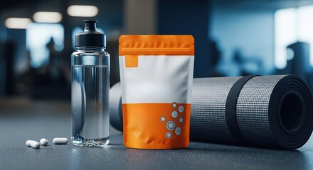 Fitness supplement mockup with water bottle and yoga mat at the gym.