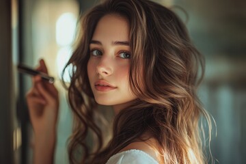 Women hairdo makeup routine, young woman looking in the mirror and using an iron to curl her long hair at home, Generative AI