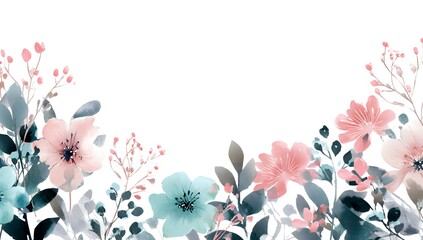 Watercolor floral border, pastel pink and baby blue tones, white background, muted colors,