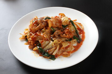 food, japanese cuisine, delicious, fried pork belly with kimchi